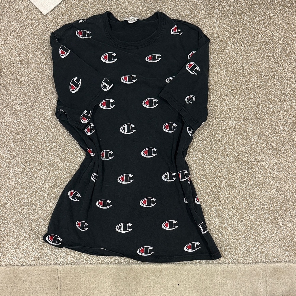 Champion Vintage Black Tee with Logo Pattern